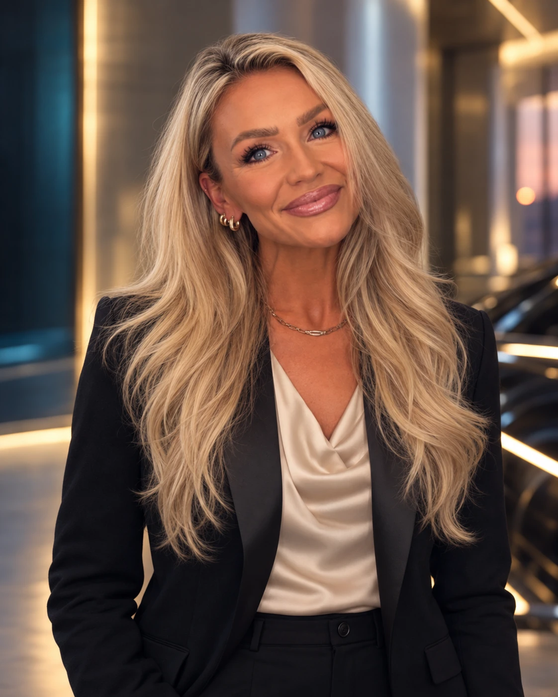 Alexis Cain smiling in a navy blazer and ivory blouse.