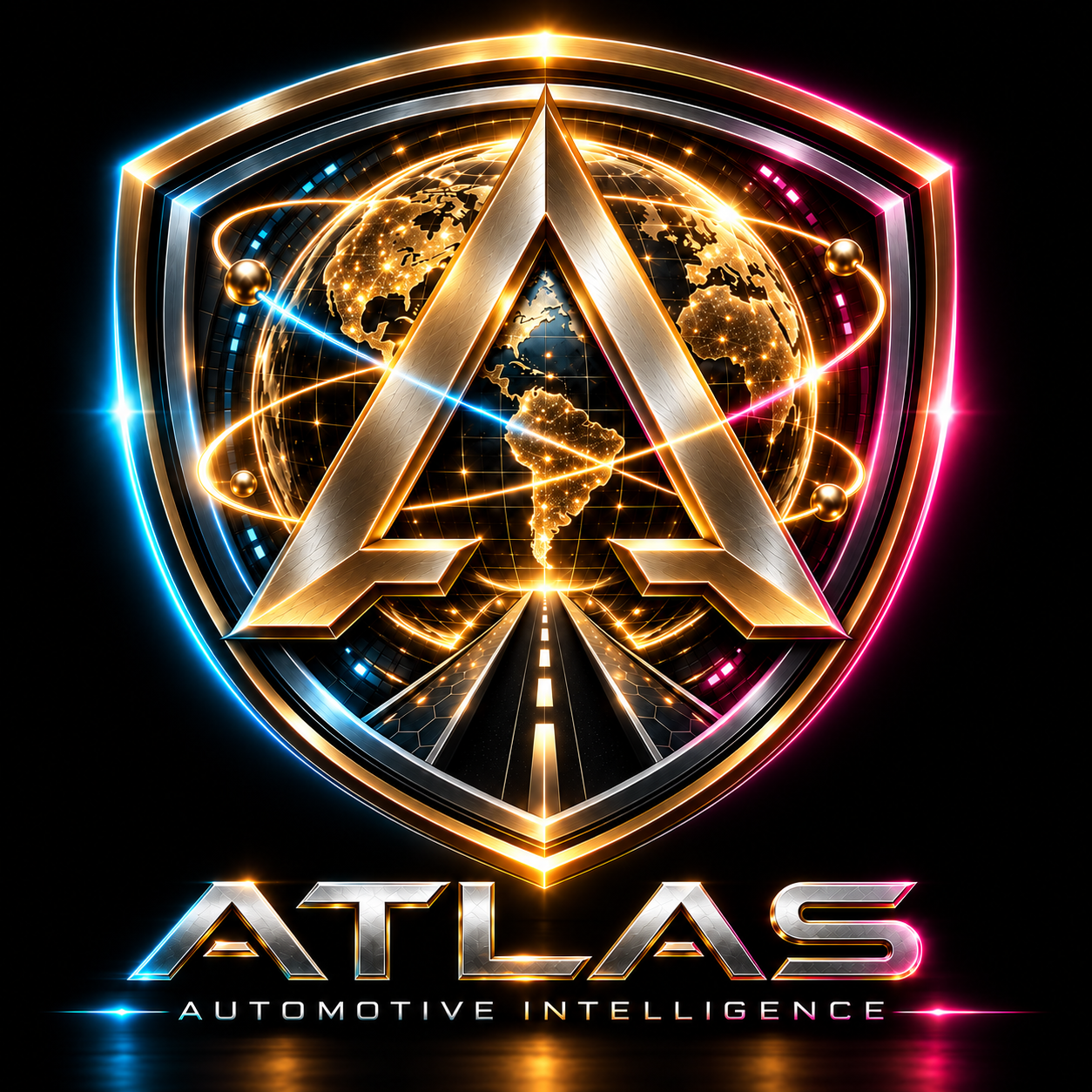 ATLAS shield emblem with a gold A, road, and cyan and magenta orbital light.