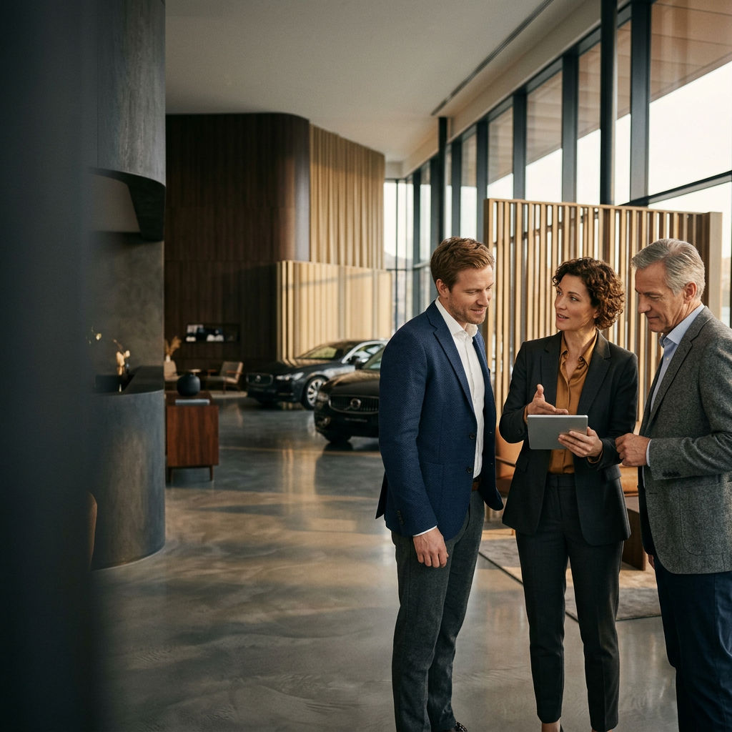 Illustrative scene of dealership professionals learning together around a tablet
