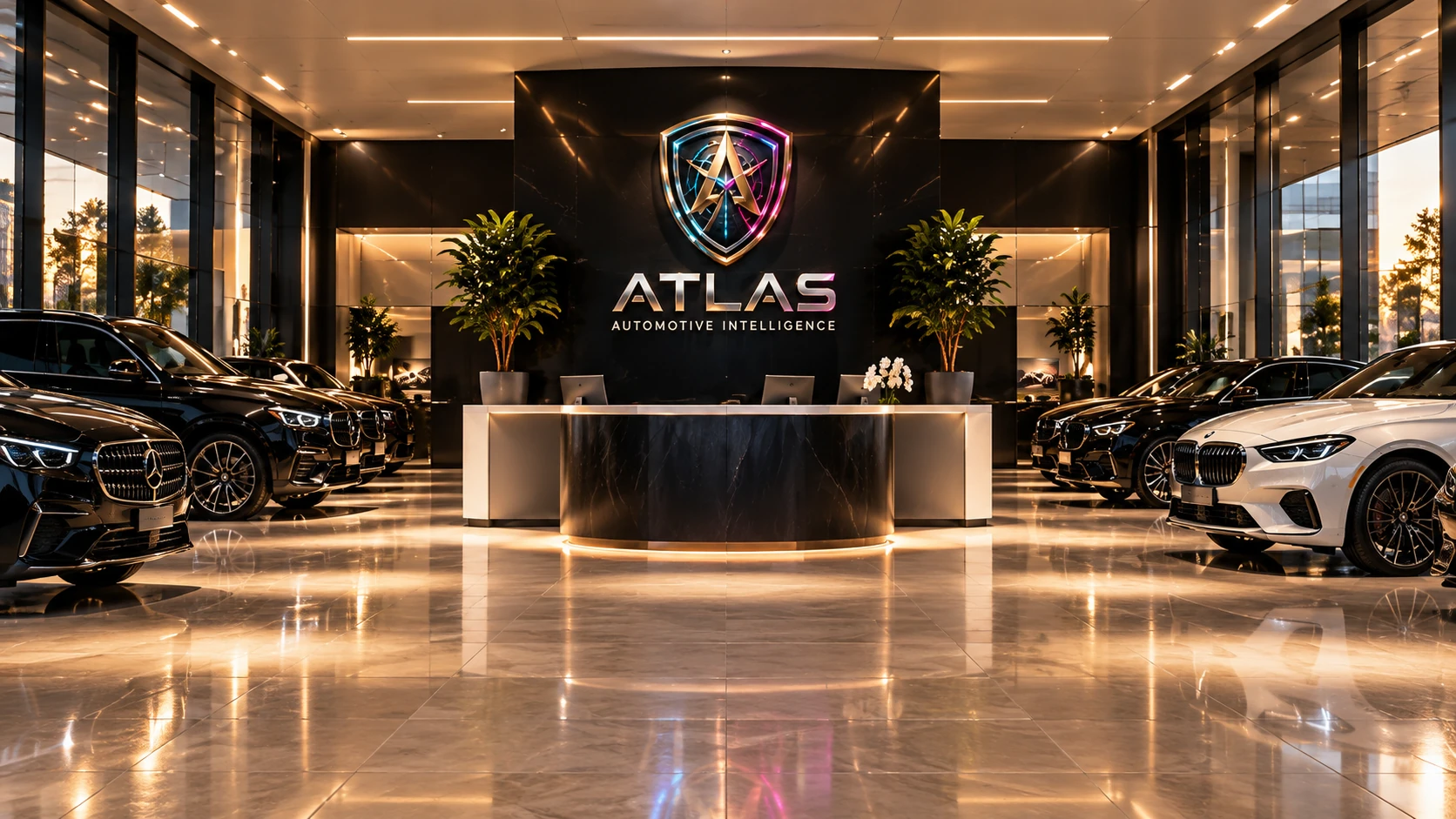 Illustrative luxury automotive showroom with black and silver vehicles, warm gold lighting, and the complete ATLAS shield and wordmark on the rear wall.