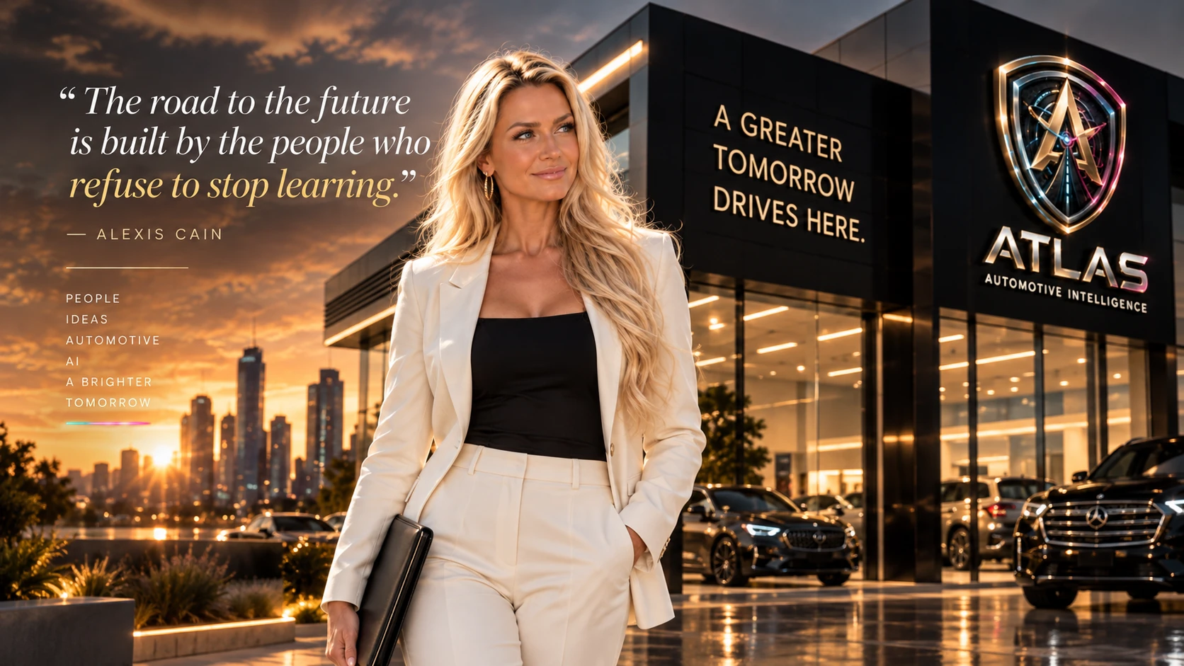Alexis Cain in an ivory suit beside illustrative ATLAS automotive architecture. The supplied quote reads: The road to the future is built by the people who refuse to stop learning. Alexis Cain. The ATLAS building shield and wordmark remain visible.